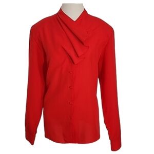 Alicia Blouse 1980s Gathered Neckline Button Down Long Sleeve Red Plus Size 14